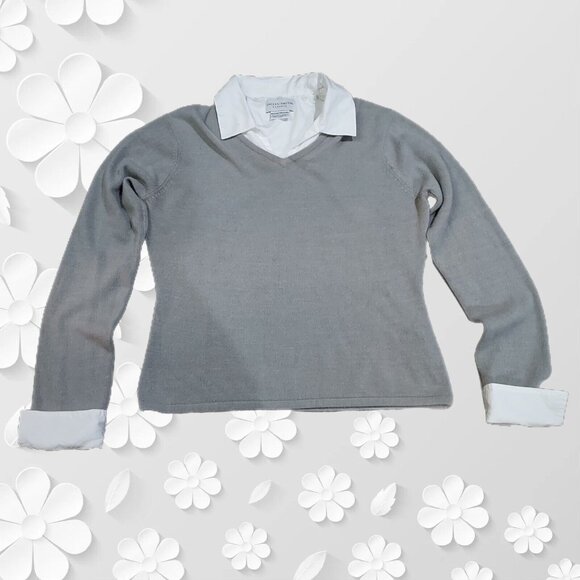 Jaclyn Smith Sweater Gray Button in Collar Cuffs Long Sleeve V Neck Casual - Picture 4 of 15